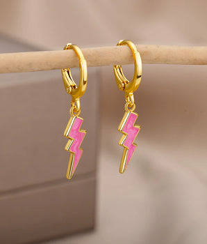 Pink Blair Lightning Bolt Huggies / Stainless Steel - Nina Kane Jewellery