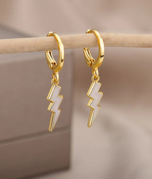 White Blair Lightning Bolt Huggies / Stainless Steel - Nina Kane Jewellery