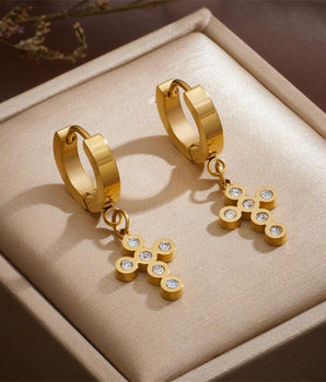 Elsa Diamond Cross Huggie Earrings / Stainless Steel - Nina Kane Jewellery