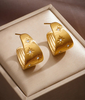 Inez Crystal Studded Gold Hoop Earrings / Stainless Steel - Nina Kane Jewellery