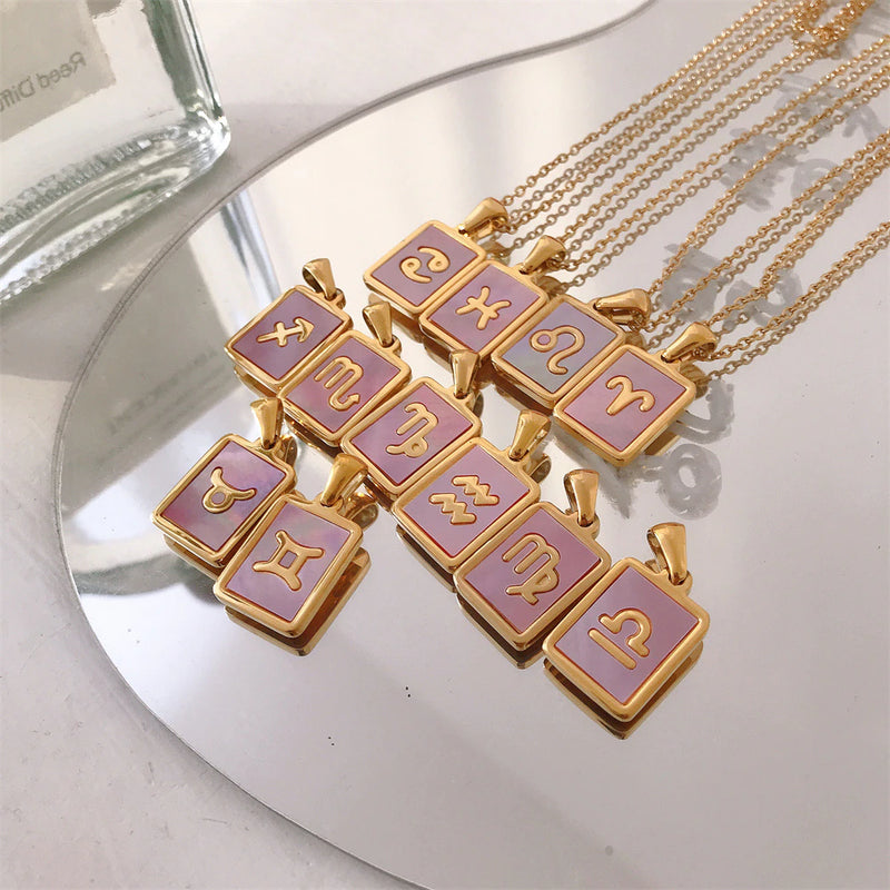 Santana Pink Enamel Zodiac Pendants / Stainless Steel