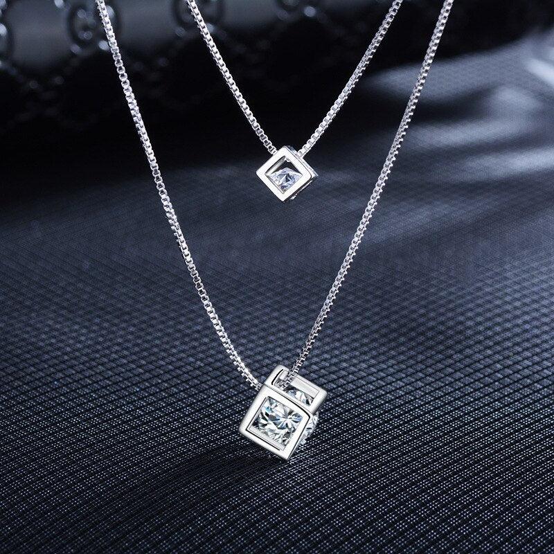 Elektra Double Chain Square Pendants / 925 Sterling Silver