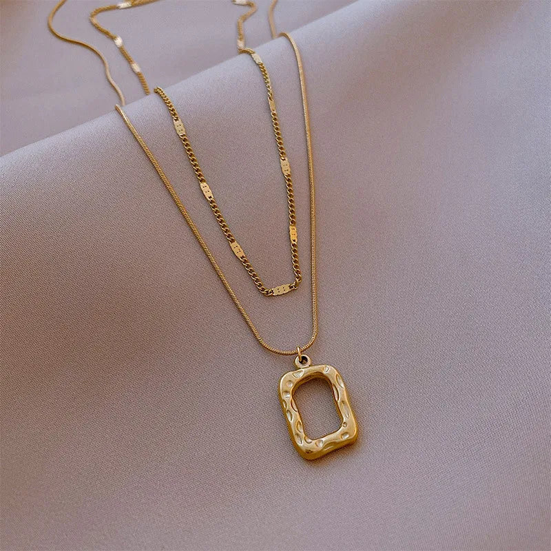 Zoe Double Chain Square Pendant Necklace / 18K Gold Plated