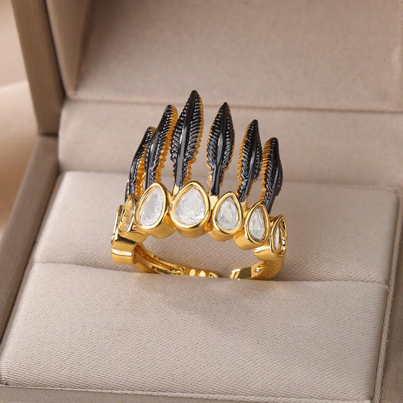 Black Feather Crown Ring / Stainless Steel