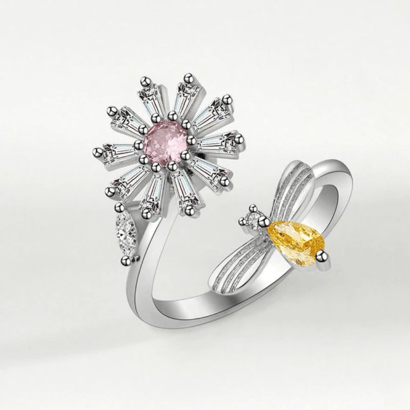 Mia Flower & Bee Adjustable Ring / Stainless Steel