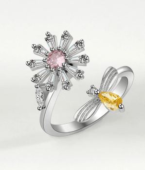 Mia Flower & Bee Adjustable Ring / Stainless Steel - Nina Kane Jewellery